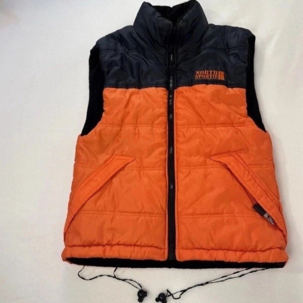 North Sportif Puffer Vest Kids Size L 14/16 Orange Navy Blue Fleece Lined Urban